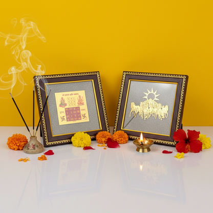 7 Horse & Vyapar Vriddhi Yantra on RAW Pyrite Frame COMBO | Best Business Growth Gift