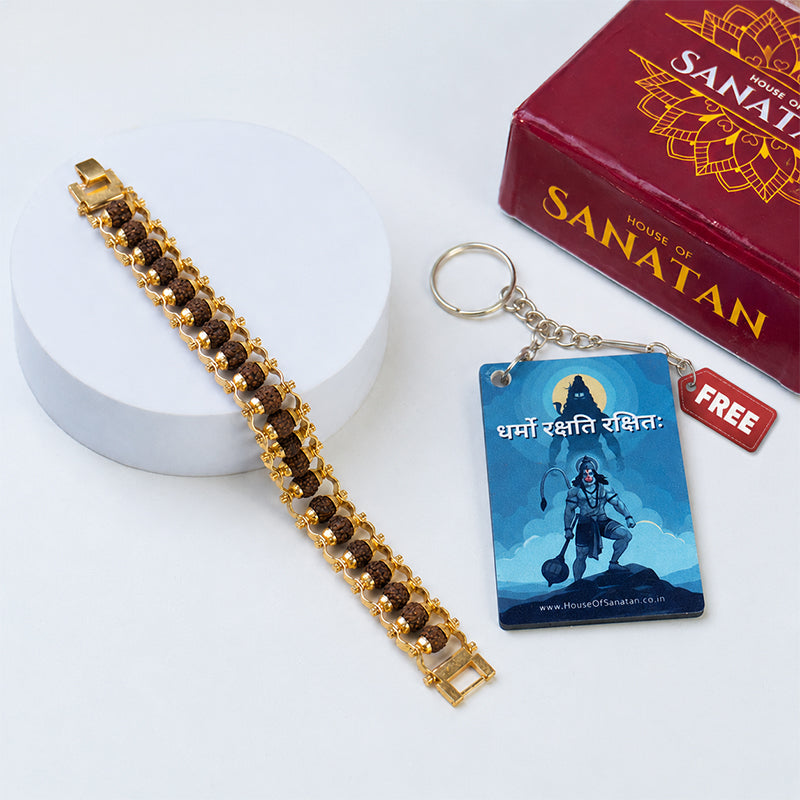 Rudraksha Chain Bracelet - Made of 5 Mukhi Beads with FREE Hanuman Key Chain