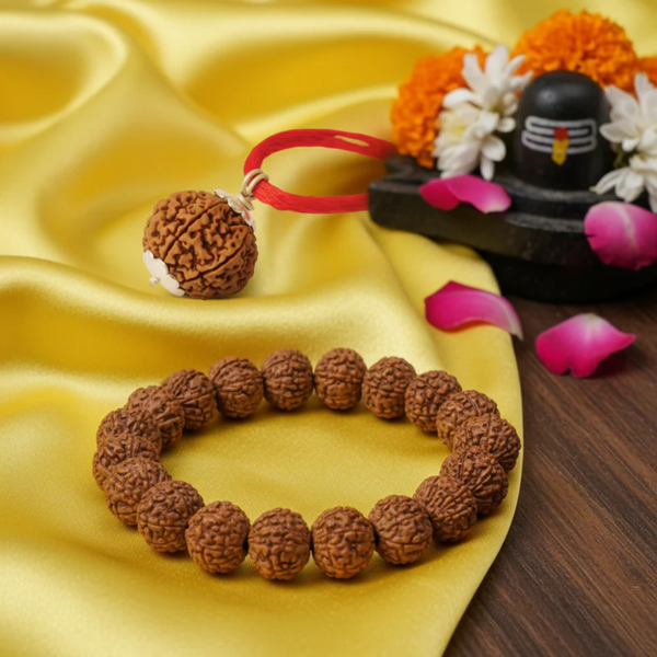 Shakti & Samriddhi Rudraksha Combo – 7 Mukhi Nepali (Silver-Capped) + 5 Mukhi Bracelet | 100% Authentic