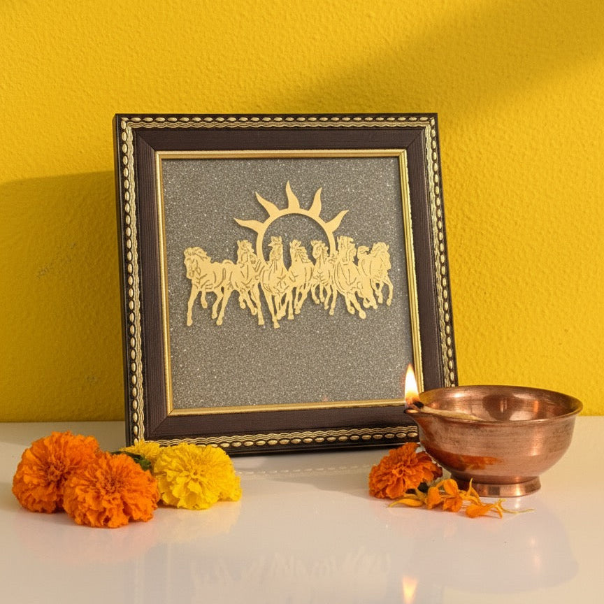 7 Horse & Vyapar Vriddhi Yantra on RAW Pyrite Frame COMBO | Best Business Growth Gift