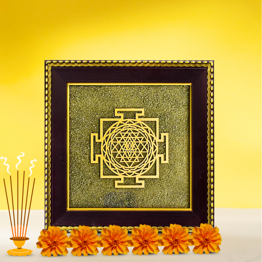 Shree Yantra On Raw Pyrite Dust Frame