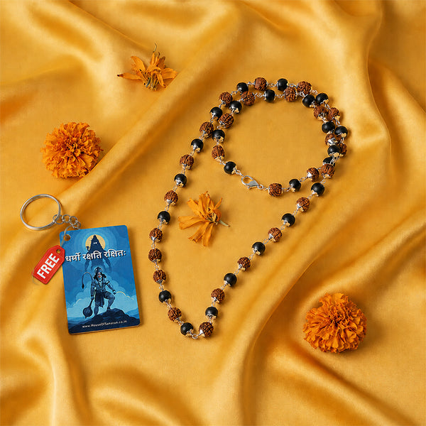 Divine Shield Spiritual Mala_Rudraksha + Karungali Beads with FREE Hanuman Key Chain