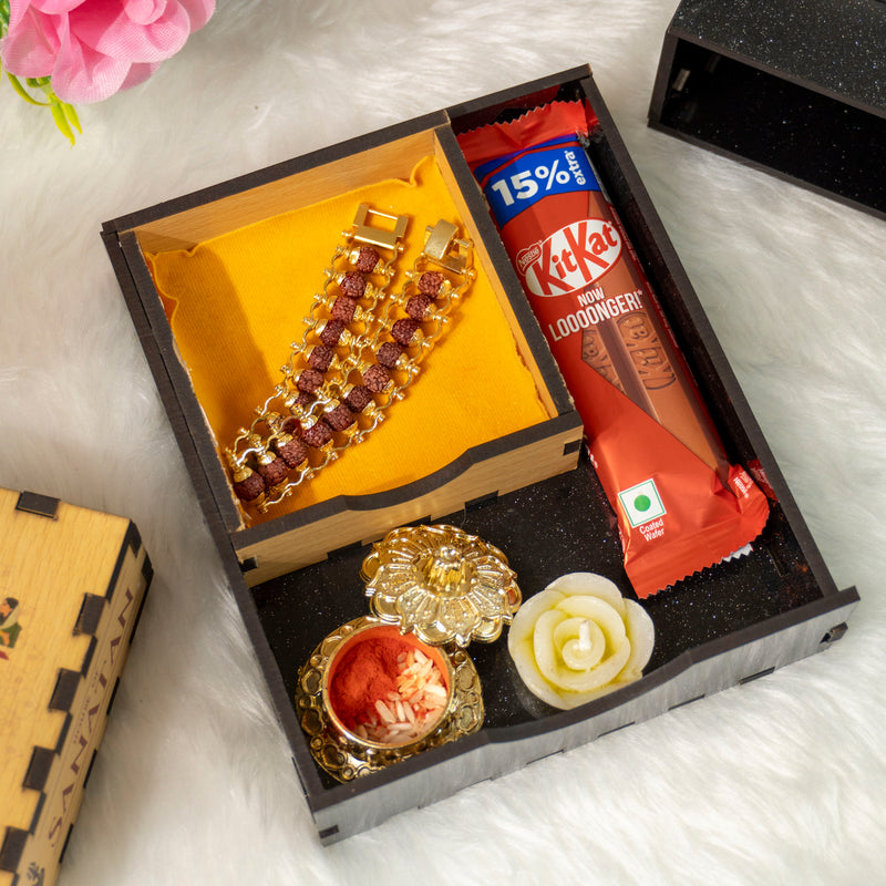 Gold Plated Rudraksha Rakhi Hamper - Complete Rakhi Box