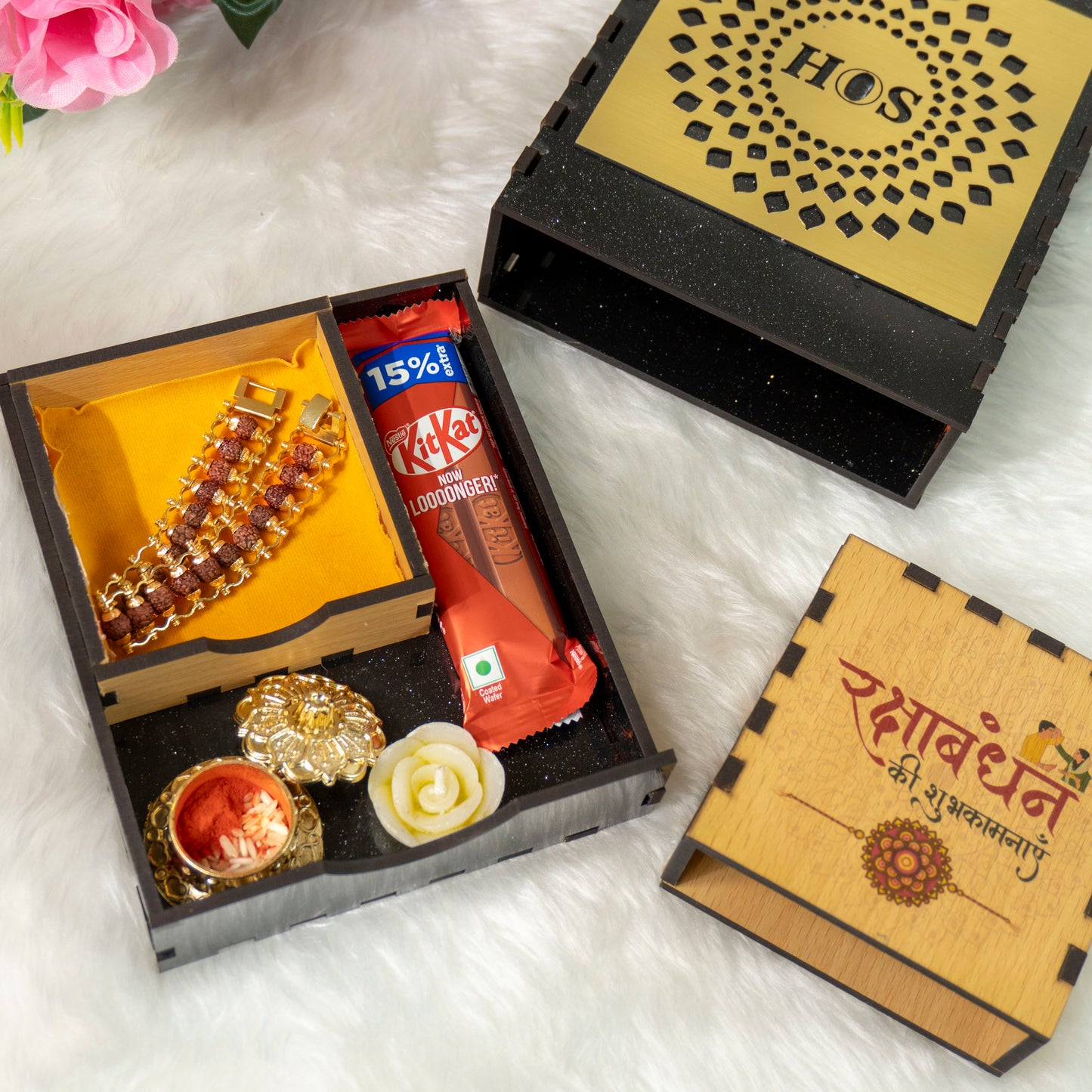 Gold Plated Rudraksha Rakhi Hamper - Complete Rakhi Box