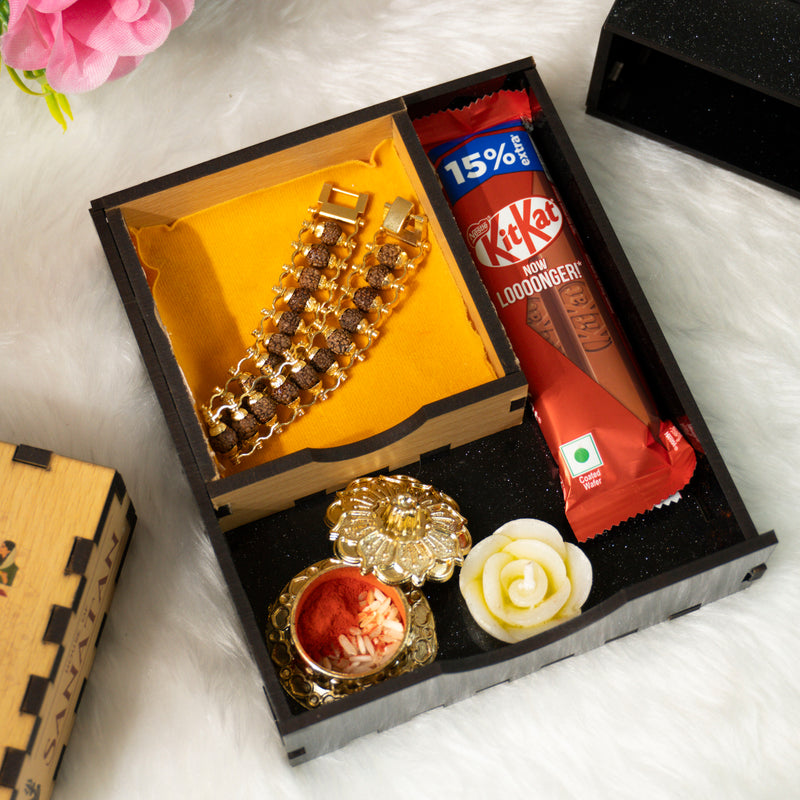 Gold Plated Rudraksha Rakhi Hamper - Complete Rakhi Box