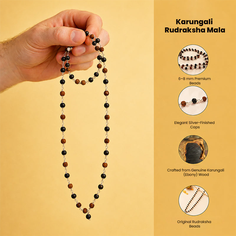 Divine Shield Spiritual Mala_Rudraksha + Karungali Beads with FREE Hanuman Key Chain